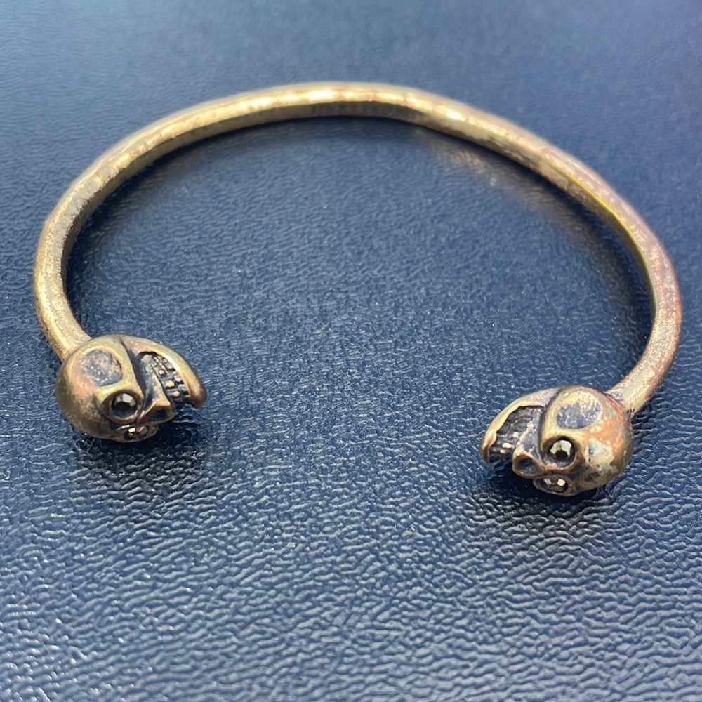 Lucky Brand Double Skull Brass Bangle w/ crystal eyes